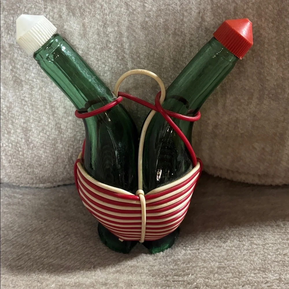 Vintage Green Glass Oil and Vinegar Bottles with Red White wrap made in Italy